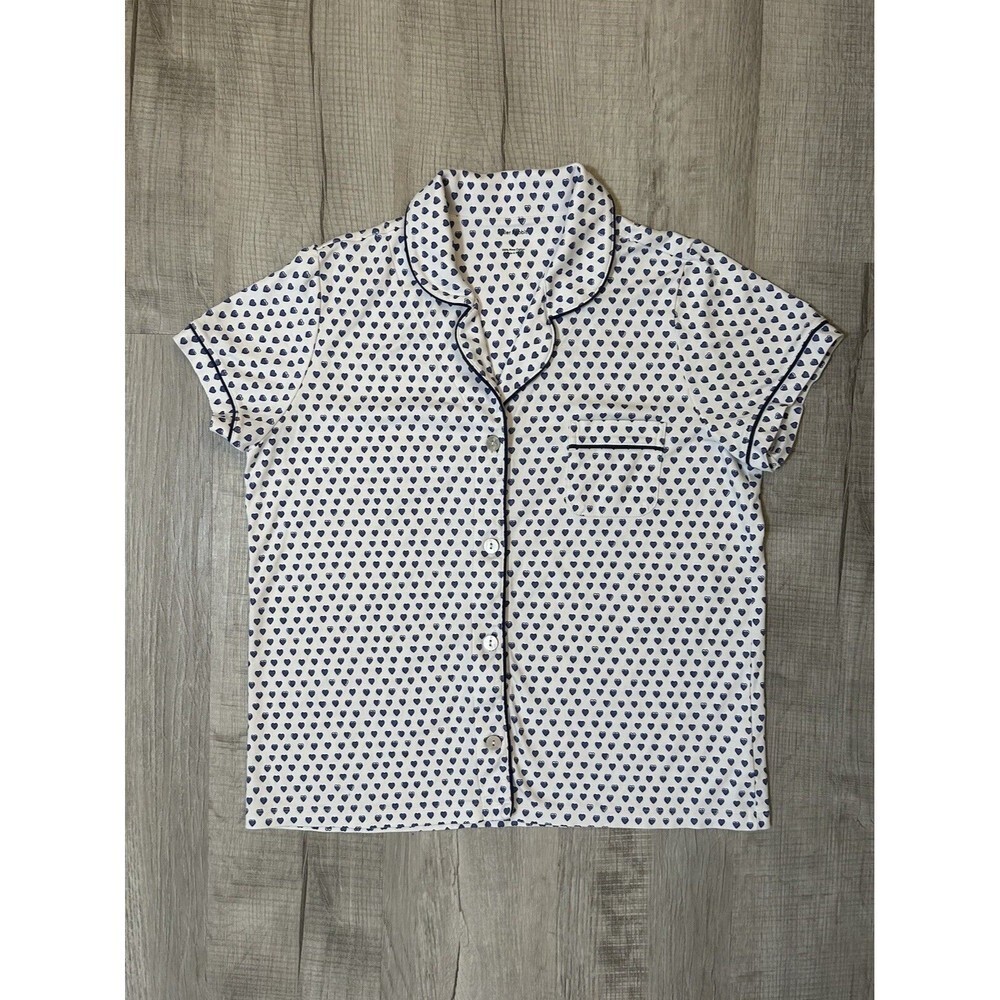 ROLLER RABBIT Cotton Hearts Polo Pajama Button Front Shirt White/Blue Sz L NWOT